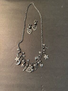 Silver-Tone Heart Charm Necklace and Earring Set vintage